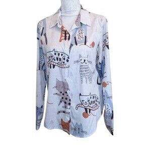 Cat Button-Down Shirt White Blue Brown Novelty Fun Medium